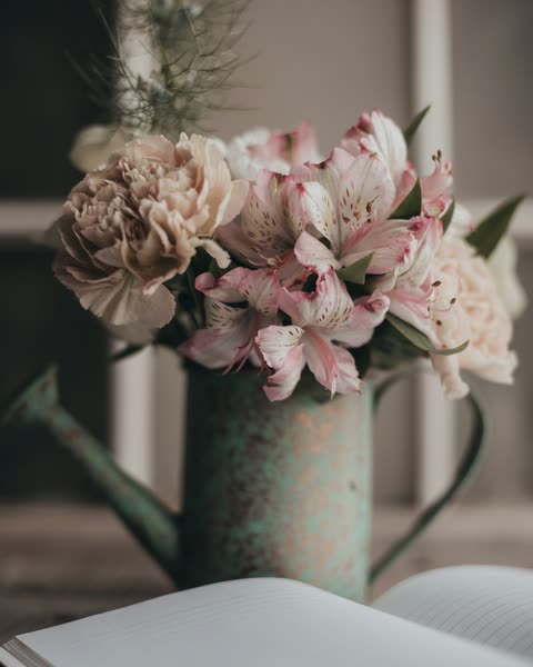 Pale flowers in a patterned vase against a softly lit wall