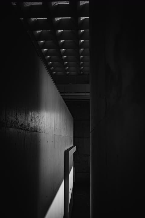 A monochrome concrete interior with sharp geometric light and shadow